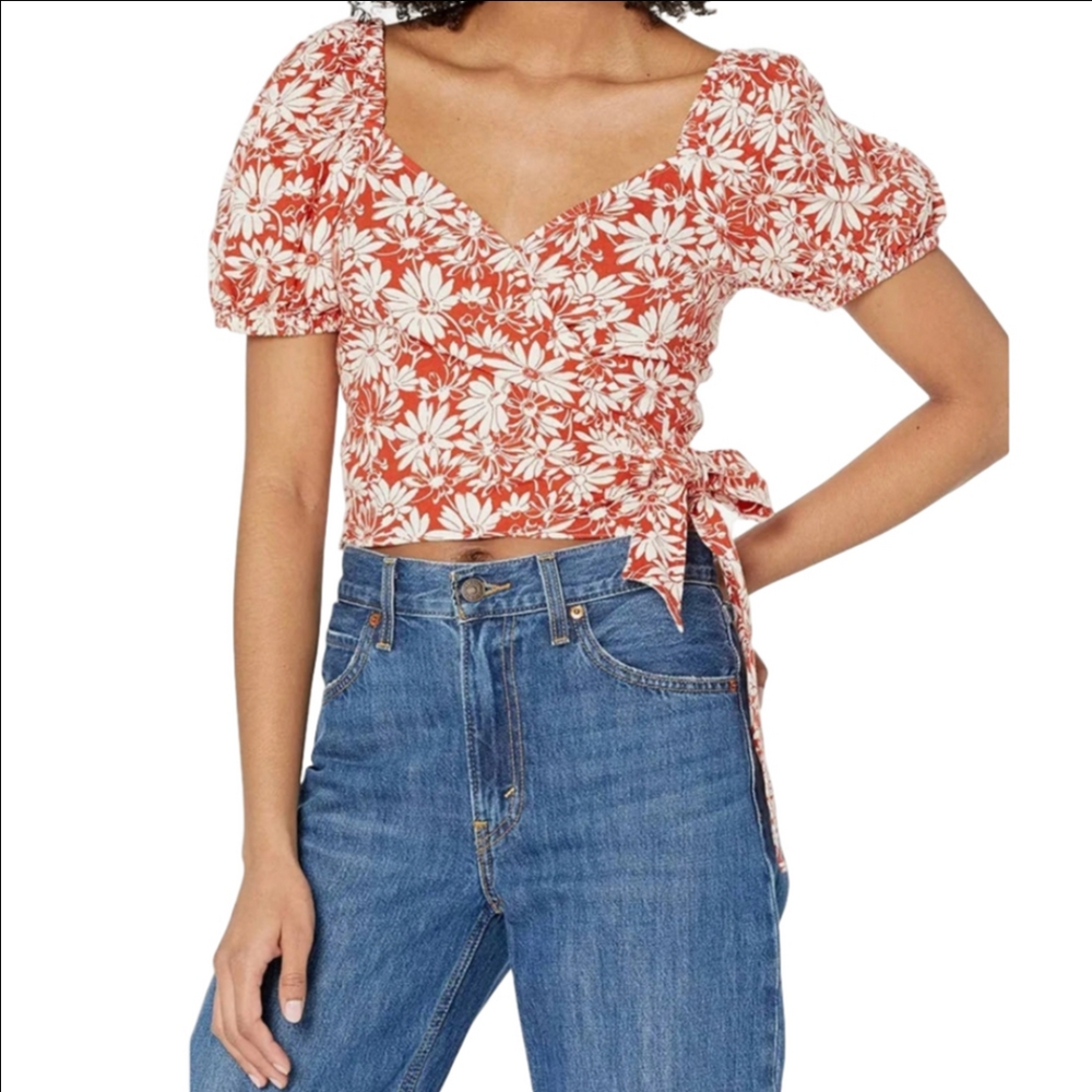 Madewell Floral Linen Blend Wrap Crop Top